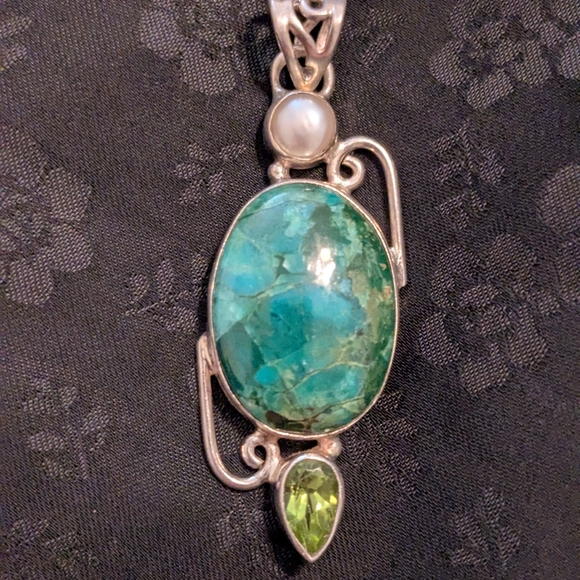Artisan Handmade Solid Sterling Silver Pearl Genuine Chrysocolla Peridot Pendant - Picture 3 of 11
